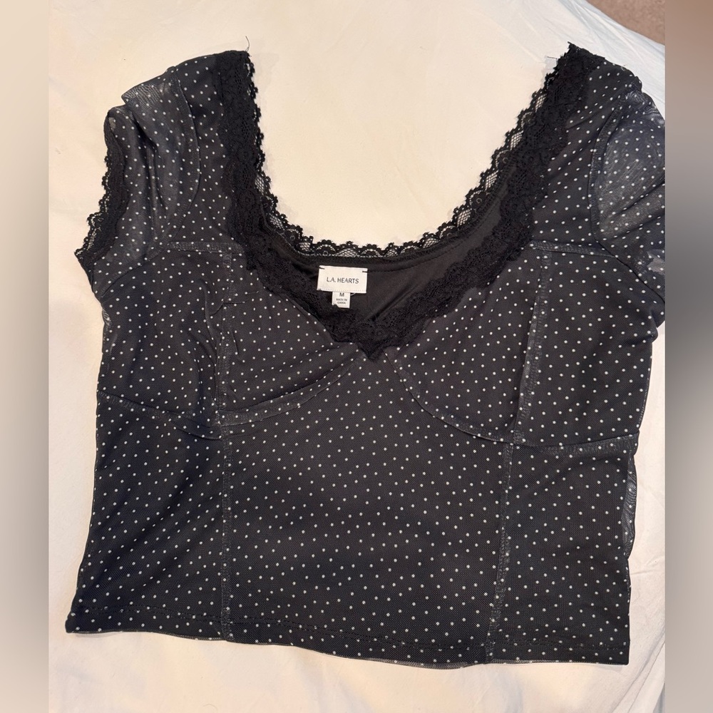 La Hearts Black Lace Polka Dot Top
